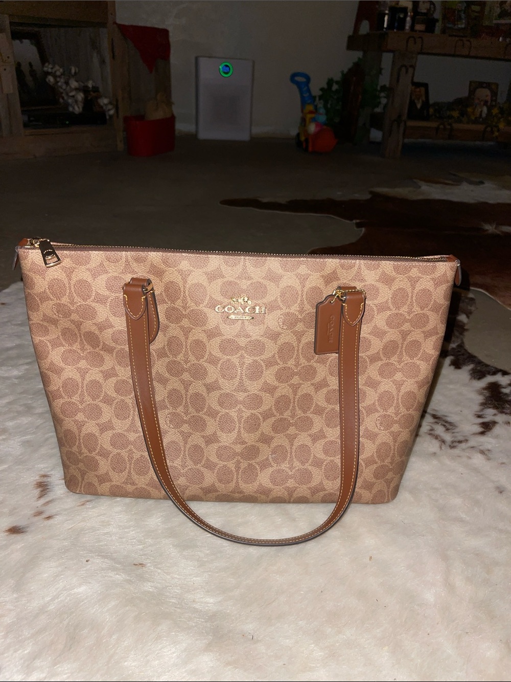 Coach Tan Signature Canvas Tote with Leather Trim
